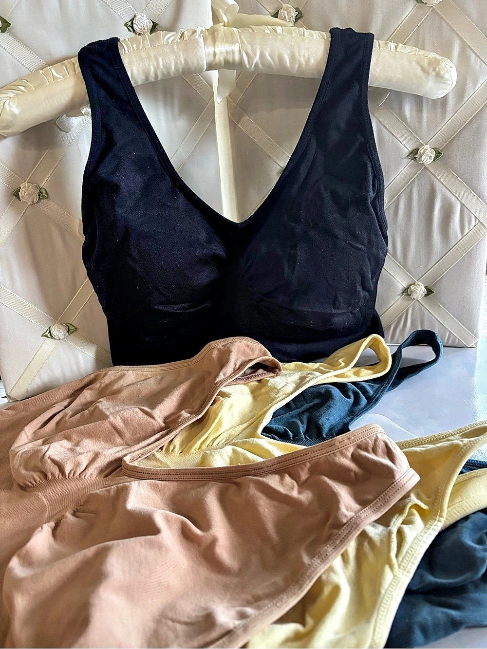 RHONDA SHEAR Sports Bra 4-Piece Set in Black, Yellow & Tan and Teal.